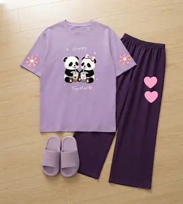 2 Pcs Women's Stitched Jersey Printed Night Suit thumbnail 3