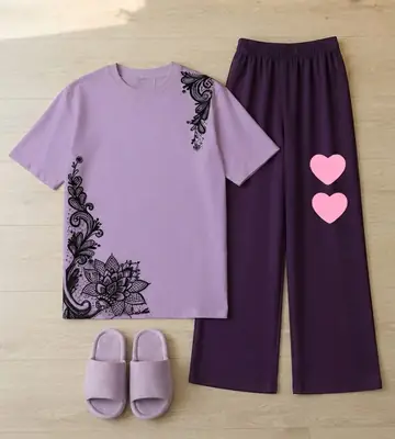 2 Pcs Women's Stitched Jersey Printed Night Suit thumbnail 3