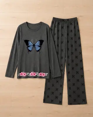2 Pcs Women's Stitched Cotton Jersey Printed Night Suit thumbnail 2