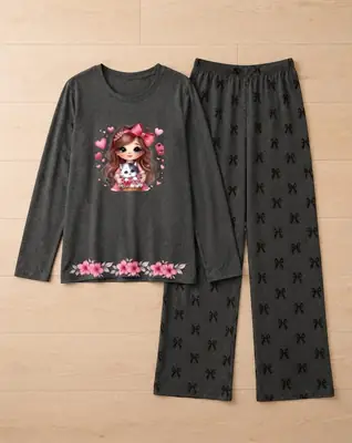 2 Pcs Women's Stitched Cotton Jersey Printed Night Suit thumbnail 2