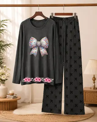 2 Pcs Women's Stitched Cotton Jersey Printed Night Suit thumbnail 3
