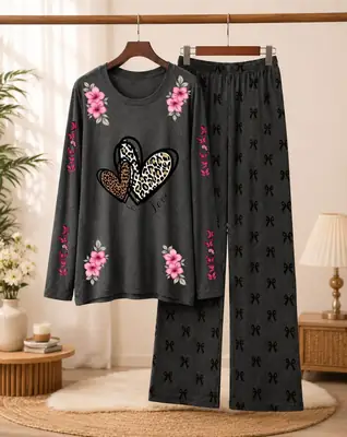 2 Pcs Women's Stitched Cotton Jersey Printed Night Suit thumbnail 3