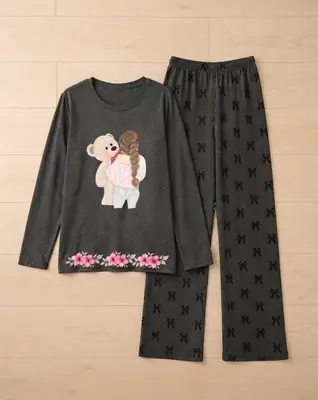 2 Pcs Women's Stitched Cotton Jersey Printed Night Suit thumbnail 2