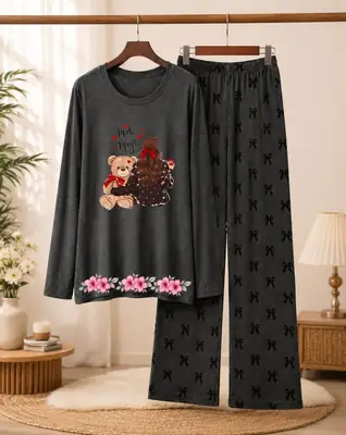 2 Pcs Women's Stitched Cotton Jersey Printed Night Suit thumbnail 3