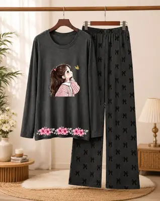 2 Pcs Women's Stitched Cotton Jersey Printed Night Suit thumbnail 3