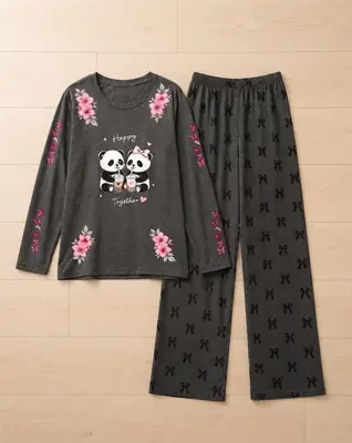 2 Pcs Women's Stitched Cotton Jersey Printed Night Suit thumbnail 2