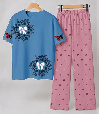 2 Pcs Women's Stitched Cotton Jersey Printed Night Suit thumbnail 4