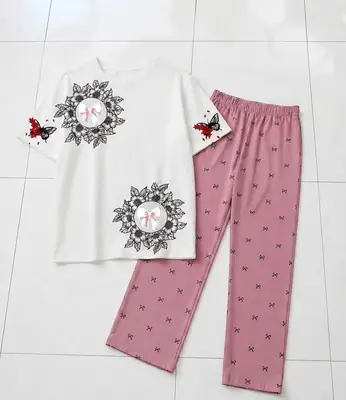 2 Pcs Women's Stitched Cotton Jersey Printed Night Suit thumbnail 3