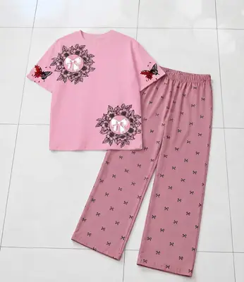 2 Pcs Women's Stitched Cotton Jersey Printed Night Suit thumbnail 3