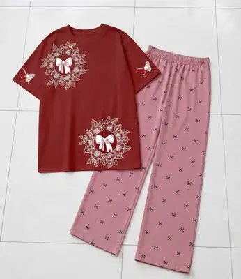 2 Pcs Women's Stitched Cotton Jersey Printed Night Suit thumbnail 3