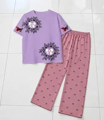 2 Pcs Women's Stitched Cotton Jersey Printed Night Suit thumbnail 3