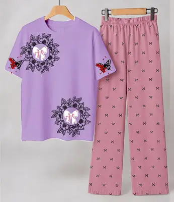 2 Pcs Women's Stitched Cotton Jersey Printed Night Suit thumbnail 4