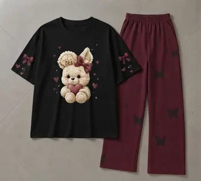 2 Pcs Women's Stitched Jersey Printed Night Suit thumbnail 3