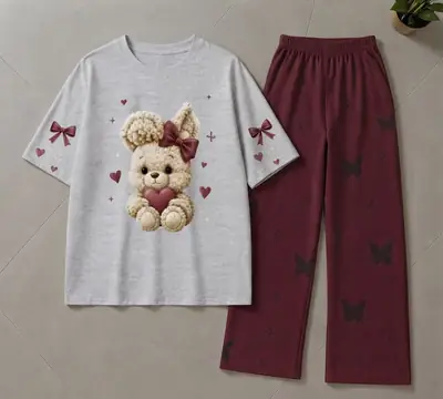 2 Pcs Women's Stitched Jersey Printed Night Suit thumbnail 3