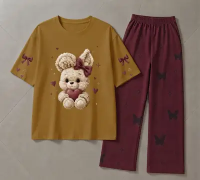 2 Pcs Women's Stitched Jersey Printed Night Suit thumbnail 3