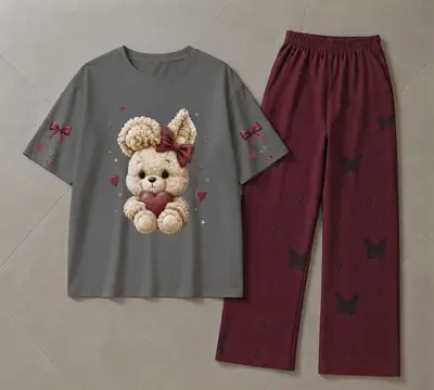 2 Pcs Women's Stitched Jersey Printed Night Suit thumbnail 3