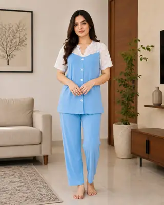 2 Pcs Women's Stitched Jersey Plain Night Suit