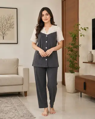 2 Pcs Women's Stitched Jersey Plain Night Suit