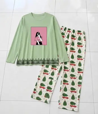 2 Pcs Women's Stitched Cotton Jersey Printed Night Suit thumbnail 2
