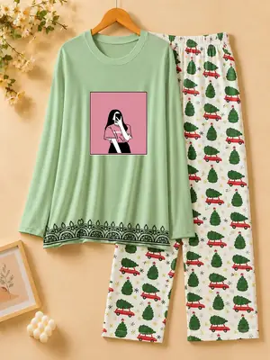 2 Pcs Women's Stitched Cotton Jersey Printed Night Suit thumbnail 3