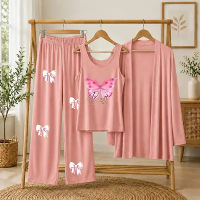 3 Pcs Women's Stitched Jersey Printed Night Suit