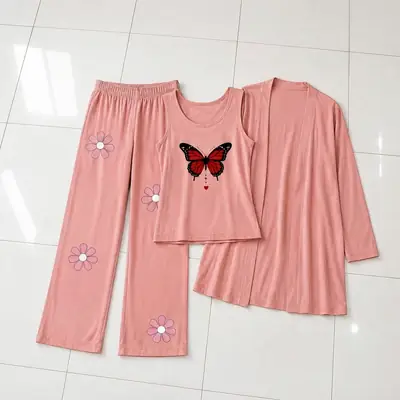 3 Pcs Women's Stitched Jersey Printed Night Suit thumbnail 2