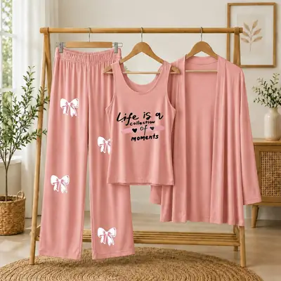 3 Pcs Women's Stitched Jersey Printed Night Suit