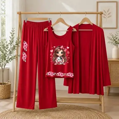3 Pcs Women's Stitched Jersey Printed Night Suit