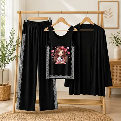 3 Pcs Women's Stitched Jersey Printed Night Suit thumbnail 3