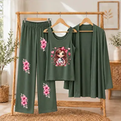 3 Pcs Women's Stitched Jersey Printed Night Suit