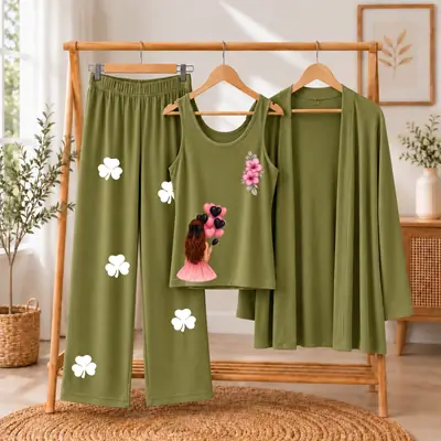 3 Pcs Women's Stitched Jersey Printed Night Suit