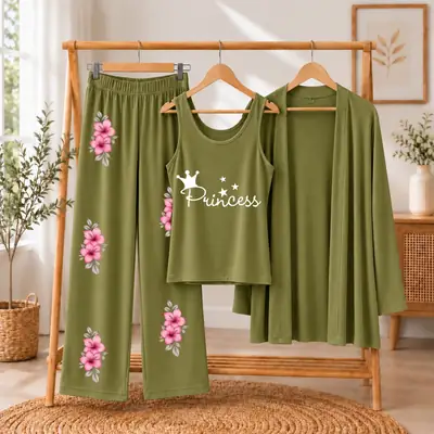 3 Pcs Women's Stitched Jersey Printed Night Suit