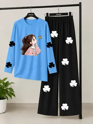 2 Pcs Women's Stitched Jersey Printed Night Suit