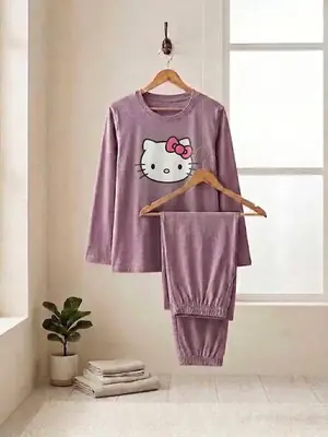 2 Pcs Women's Stitched Jersey Printed Night Suit