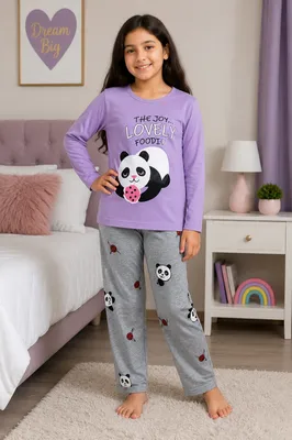 Purple Panda Print Kids Night Suit 2 Pcs Jersey for Girls 1-10Yrs thumbnail 4