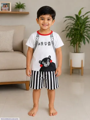 2 Pcs Girl's Stitched Cotton Jersey Printed Pajama And Shirt
