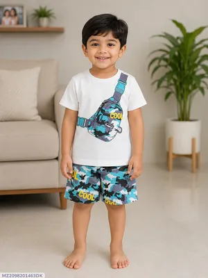2 Pcs Girl's Stitched Cotton Jersey Printed Pajama And Shirt