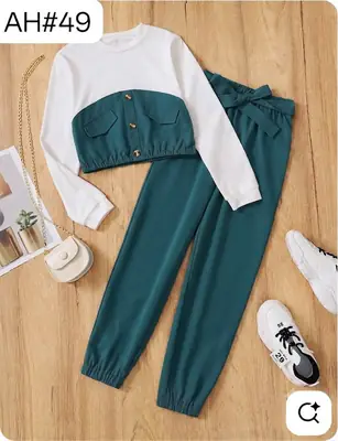 2 Pcs Girl's Stitched Cotton Jersey Plain Lounge Set