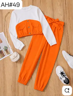 2 Pcs Girl's Stitched Cotton Jersey Plain Lounge Set thumbnail 3