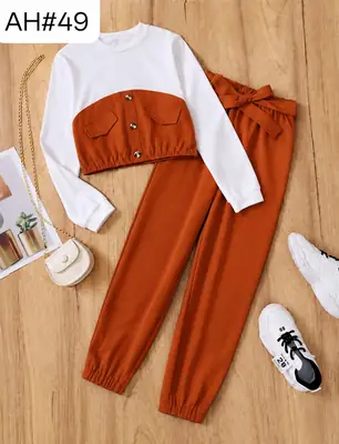 2 Pcs Girl's Stitched Cotton Jersey Plain Lounge Set