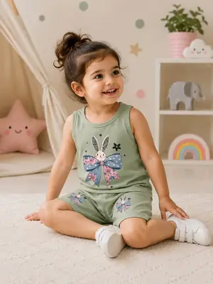 2 Pcs Girl's Stitched Jersey Printed Pajama And Shirt
