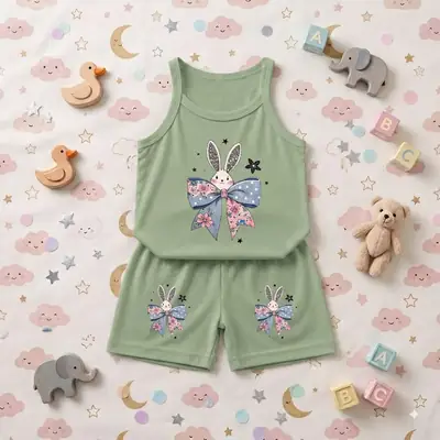 2 Pcs Girl's Stitched Jersey Printed Pajama And Shirt thumbnail 2