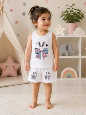 2 Pcs Girl's Stitched Jersey Printed Pajama And Shirt thumbnail 4