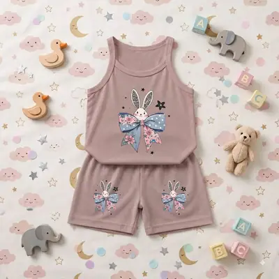 2 Pcs Girl's Stitched Jersey Printed Pajama And Shirt thumbnail 2