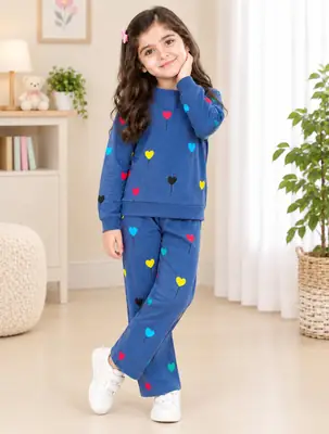 2 Pcs Girl's Fleece Printed Shirt And Trouser Suit