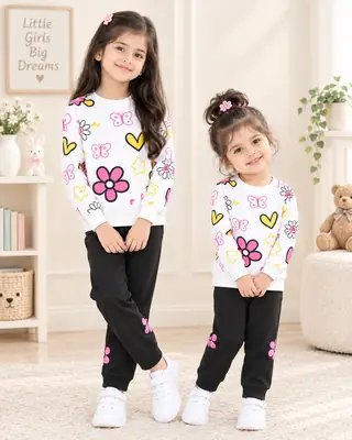 2 Pcs Girl's Fleece Printed Shirt And Trouser Suit