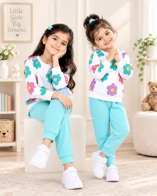 2 Pcs Girl's Fleece Printed Shirt And Trouser Suit