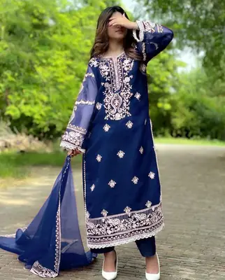 3 Pcs Women's Stitched Organza Embroidered Suit
