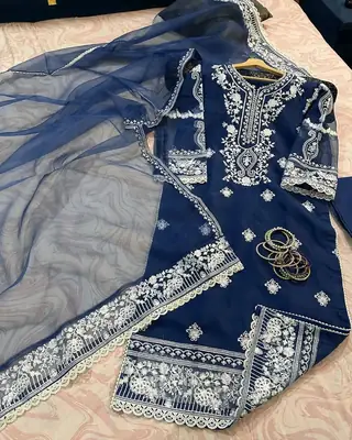 3 Pcs Women's Stitched Organza Embroidered Suit thumbnail 2