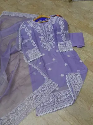 3 Pcs Women's Stitched Organza Embroidered Suit
